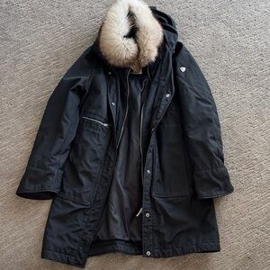 Post Card Black Puffer with Genuine Fur Collar & Hidden Hood